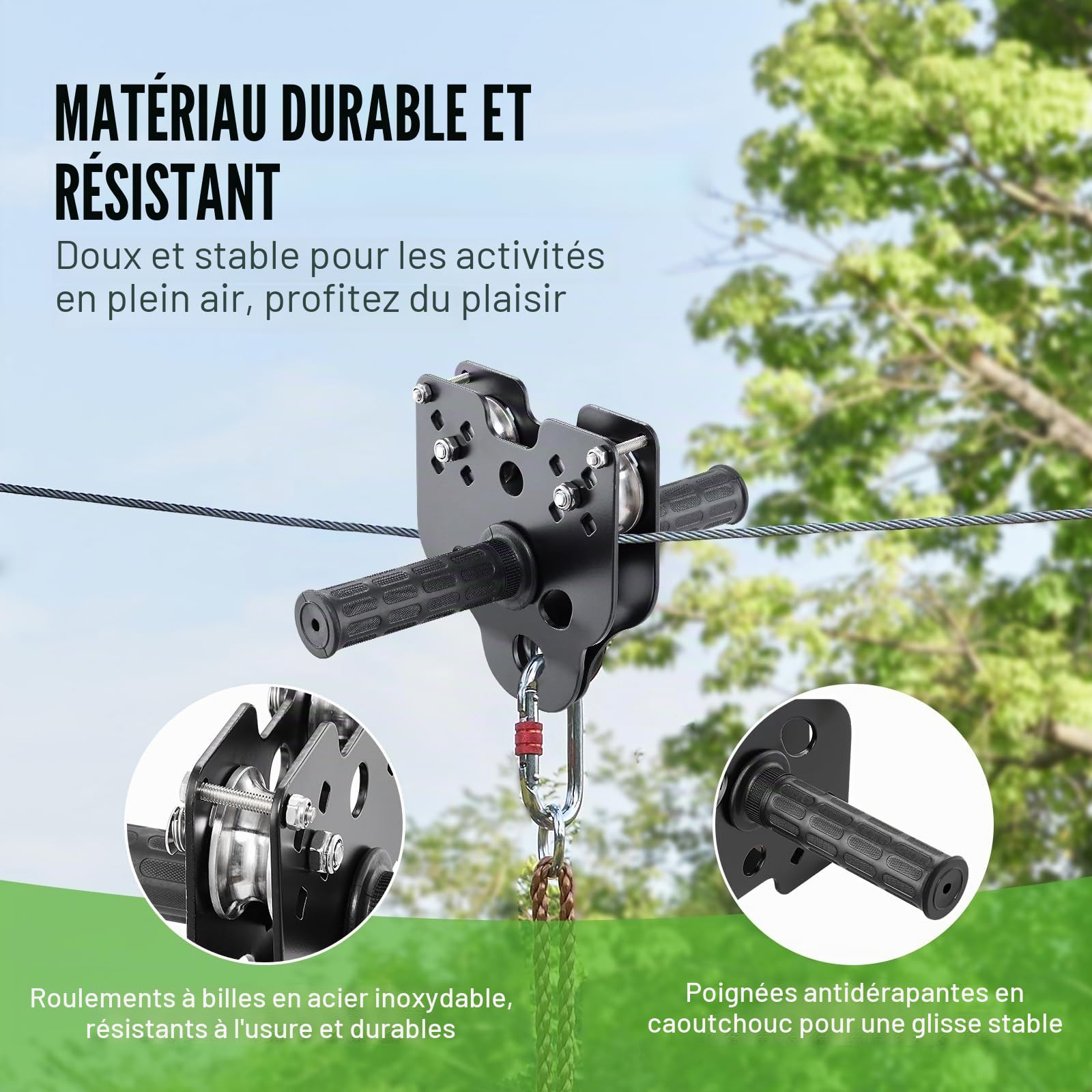 VEVOR Tyrolienne 18,3 m Kit de Tyrolienne Complet Charge 150 kg Configuration Facile avec Frein à Ressort Ceinture et Harnais de Sécurité pour Jardin Arrière-Cour (Ados Uniquement. Pas pour Adultes)