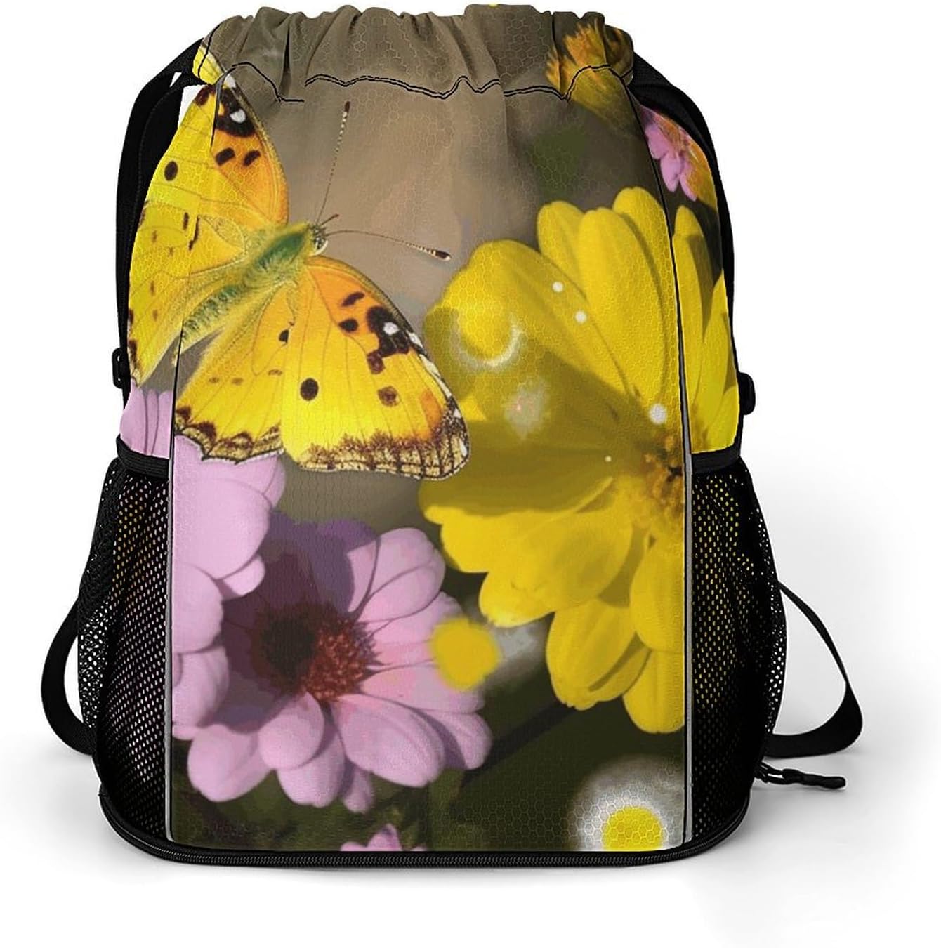 Sports Drawstring Backpack Yellow Butterfly And Flower Lightweight Backpack Dry And Wet Separation Large Capacity