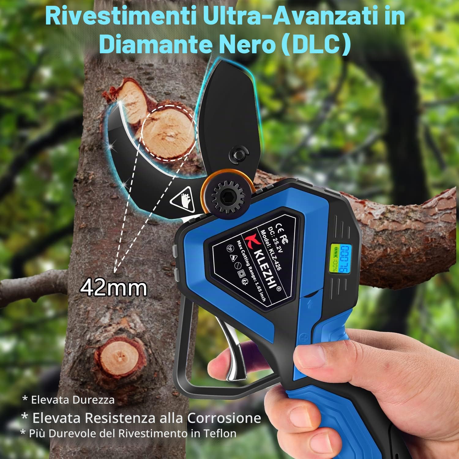 Forbici Potatura Elettriche 42mm con LED Display, 1000W Elettriche per Potatura Professionali, 2PCS 25.2V 2Ah Batteria Ricaricabile al Litio - Nero