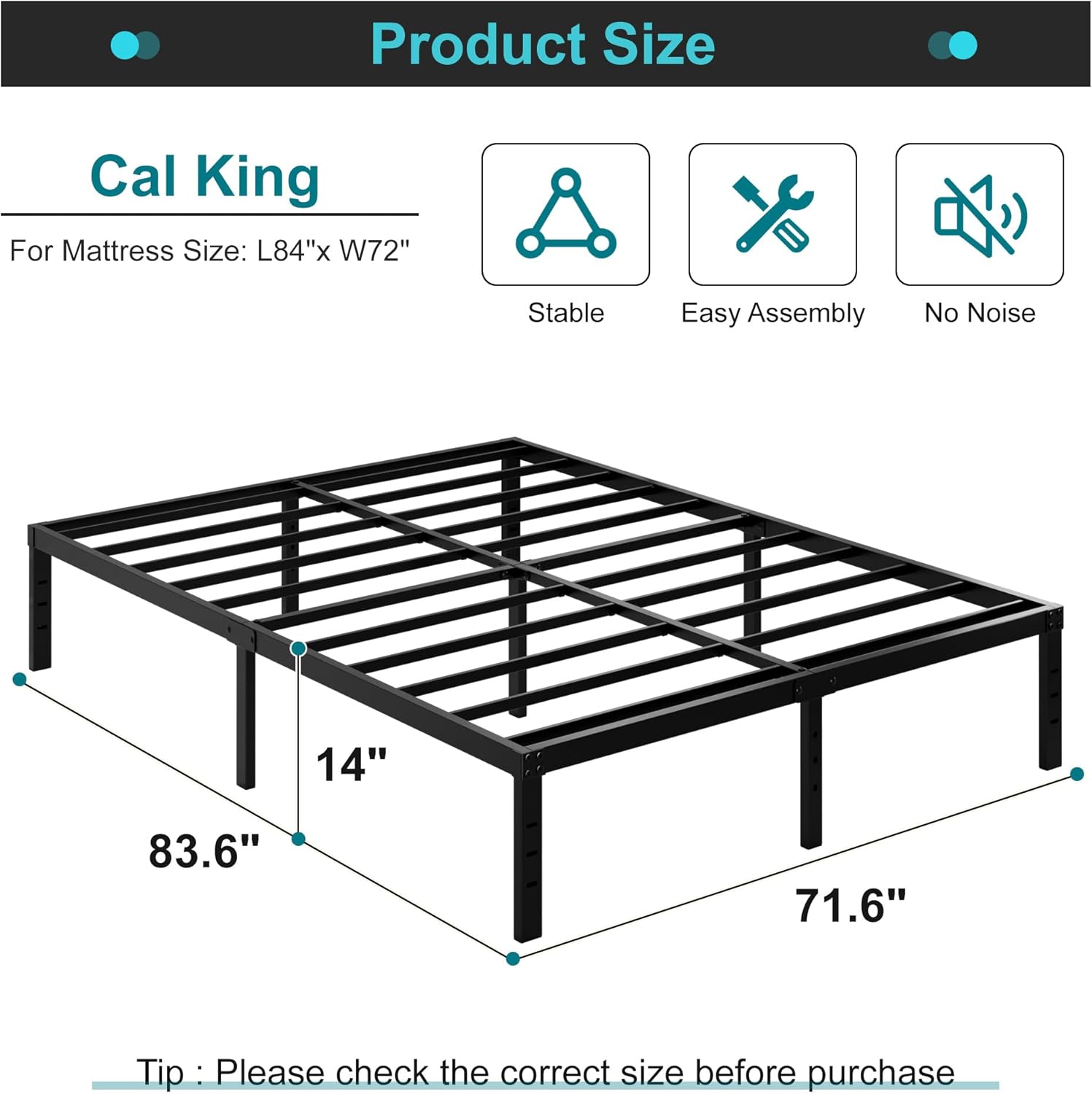California King Bed Frames No Box Spring Needed, 14 Inch Heavy Duty Metal Platform Support Up to 3000 lbs with Steel Slat, Easy Assembly, Noise Free, Black - Image 2