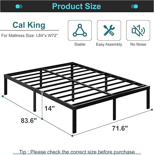 Miniatura 2 de Marcos de cama tamaño California King, no necesita somier, plataforma de metal resistente de 14 pulgadas con soporte de listones de acero, hasta