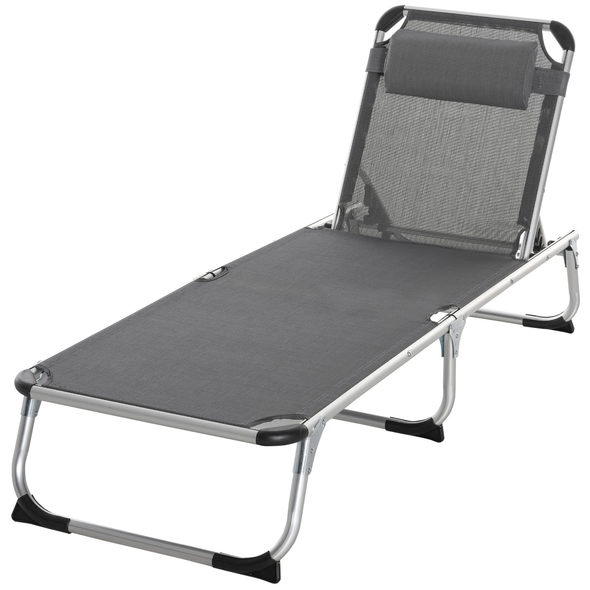 Outsunny Tumbona Plegable de Aluminio con Ajustable en 4 Posiciones Reposacabezas Extraíble y Respaldo Transpirable para Jardín Terraza Camping Exterior 170x60x76 cm Gris
