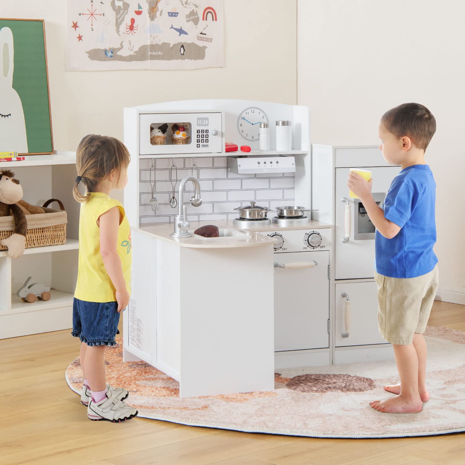 RELAX4LIFE Cucina Giocattolo per Bambini, Mini Cucina in Legno con Lavello, Fornelli, Microonde, Frigorifero, Giocattolo Educativo per Bambini 3+ Anni (Classica)