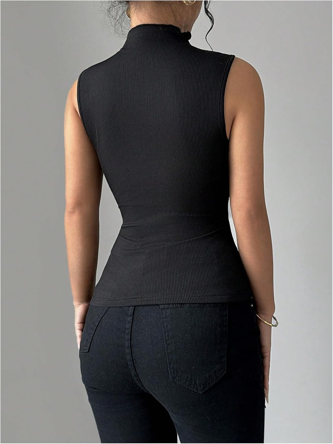 MakeMeChic Women's 3D Floral Mock Neck Fall Tank Tops Sleeveless Tops Rib Knitted Shirt - Image 2