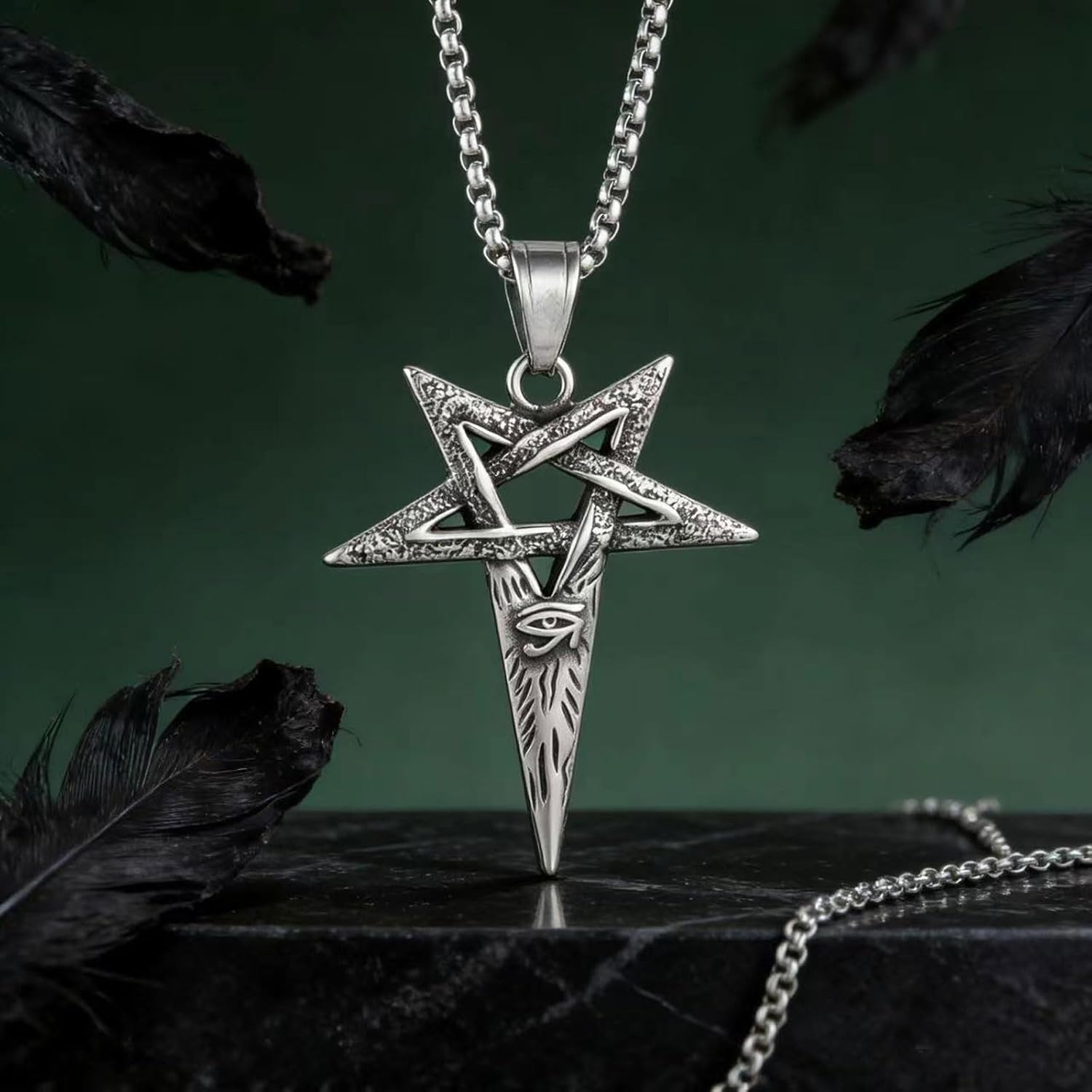 Men'S And Women'S Gothic Inverted Pentagonal Pentagram Devil'S Eye Pendant Necklace, 316L Stainless Steel, Silver Stainless Steel Square Pearl Chain, Vintage Amulet Jewelry - Image 5