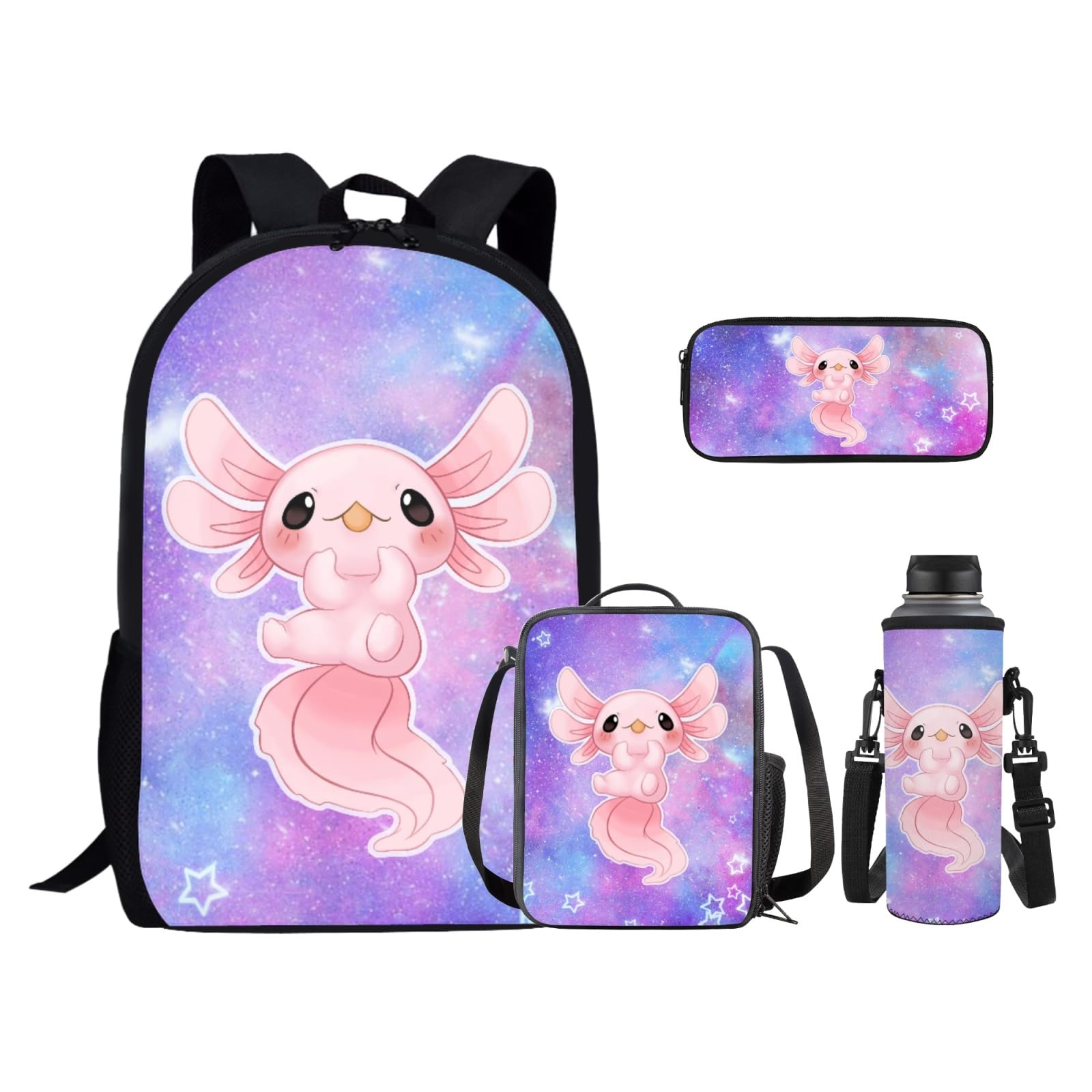 Ystardream School Bags for Girls 10-12 Axolotl Backpack for Girls with Lunch Box Pencil Case 4 Pcs Purple Galaxy Bookbag Laptop Backpack Set for Kids