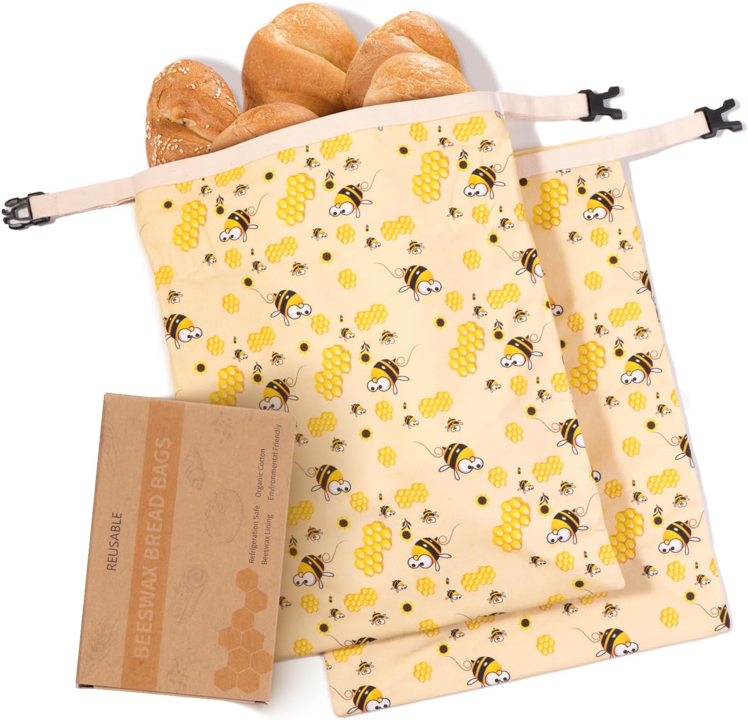 XL Beeswax Bread Bags for Homemade Sourdough Bread (2 Pack), Reusable Cotton Linen Bread Storage Bags with Removable Beeswax Lining, Freezer Friendly, Keeps Bread Fresh