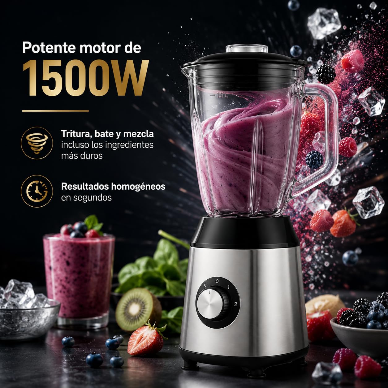 Batidora de Vaso 1500W, Jarra Cristal 1,5L y 6 Cuchillas de Titanio | 2 velocidades + Pulse, base de acero inoxidable y piezas aptas lavavajillas