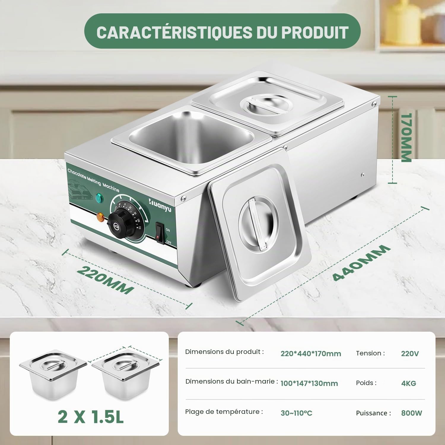 Huanyu Tempéreuse à chocolat avec 2 pots 30℃-110℃ Machine à fondre le chocolat Fondoir à chocolat commercial 800W Pot de fusion de chocolat chauffant à l'eau