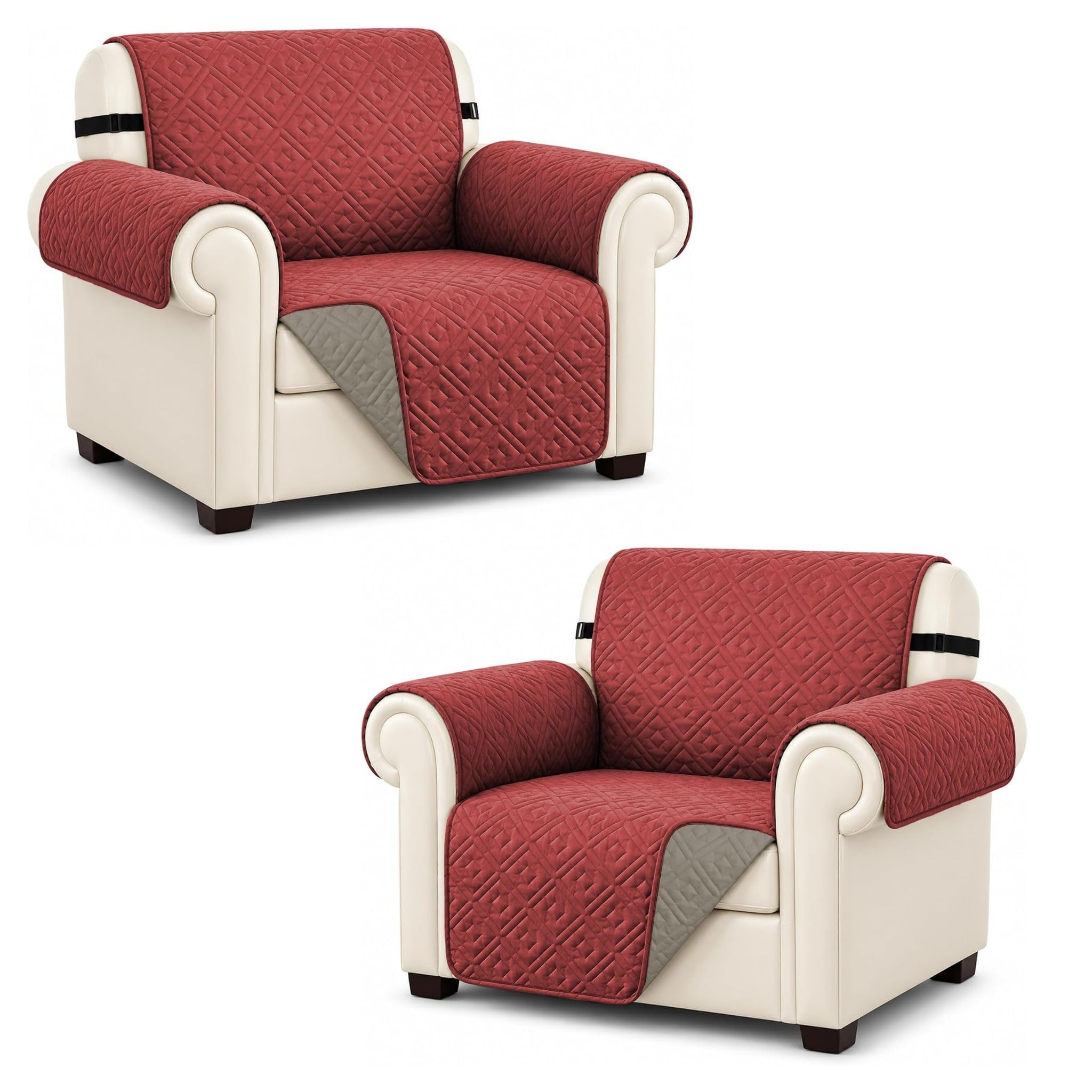 AMEHA Sofa Cover 2 Pack Non Slip Sofa Slipcovers 1 Seater Water Resistant Reversible Sofa Protectors from Pets & Kids with Adjustable Elastic Straps Embossed Quilted Couch Covers, Burgundy Cream