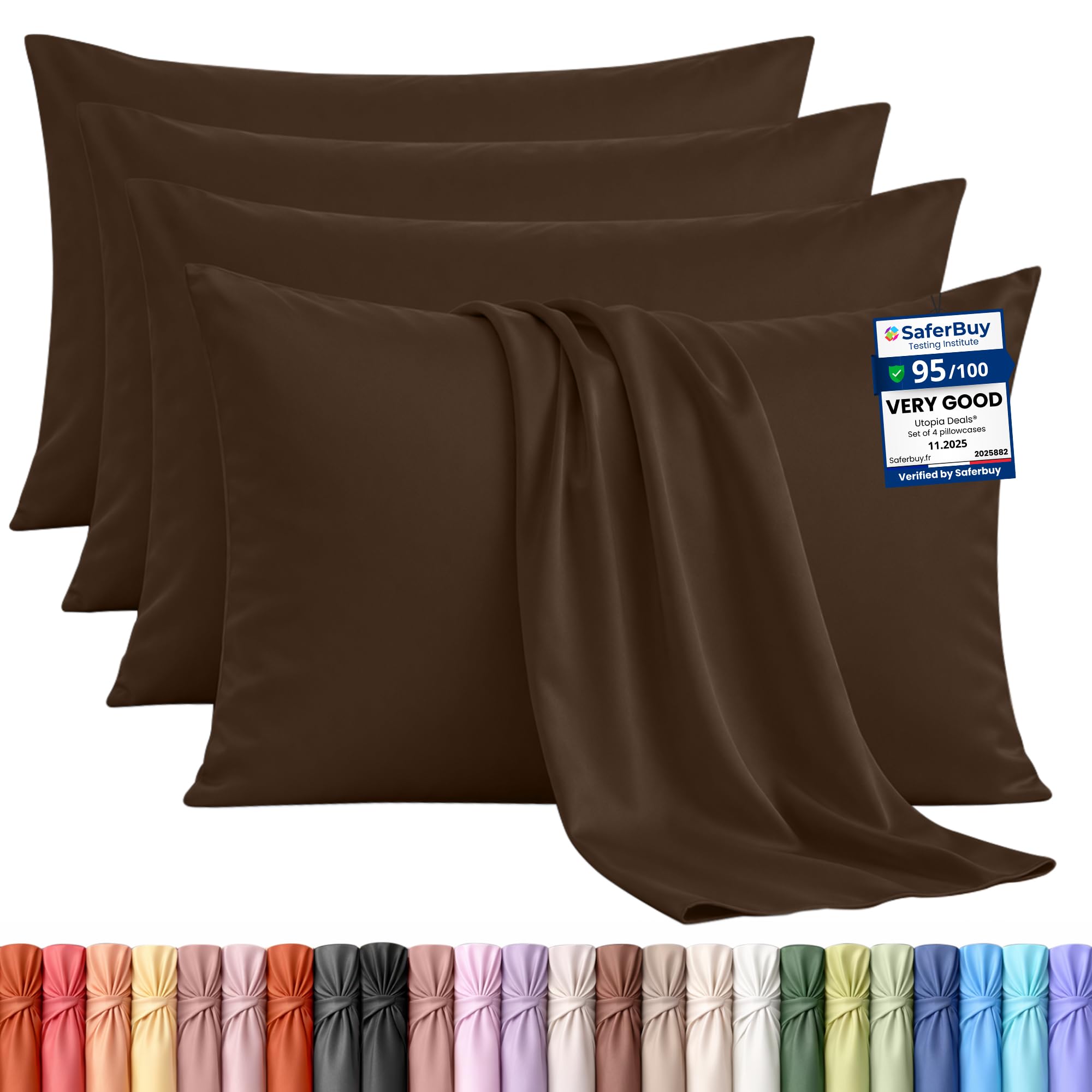 Utopia Bedding - 4 Pack Pillow Cases - OEKO-TEX - Standard Size 50x75 cm - 100% Brushed Microfiber Pillowcases with Envelope Closure, pillows not included - Wrinkle, Fade, & Stain Resistant - Brown