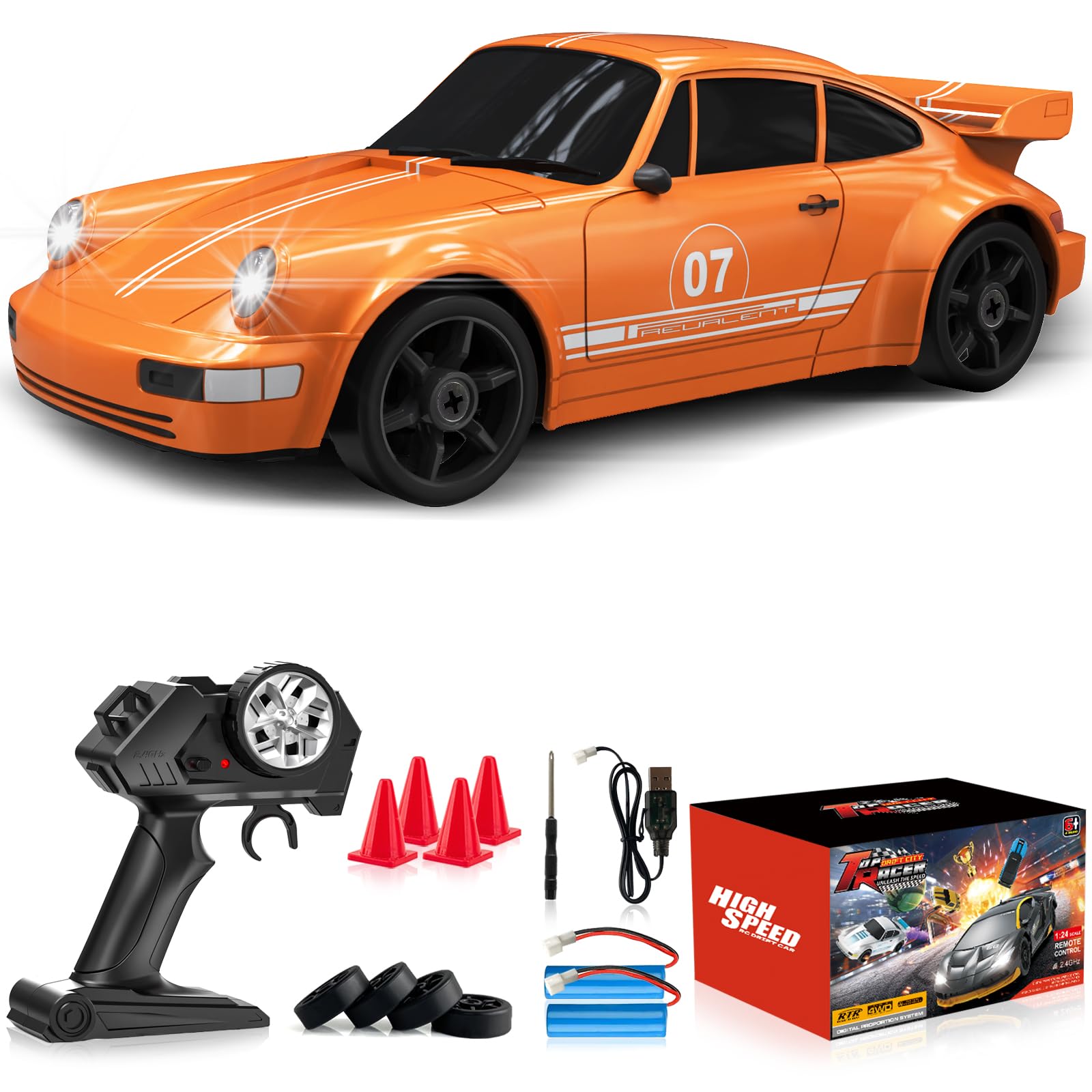 Remote Control Car RC Drift Car 2.4GHz 1:24 4WD 15KM/H High Speed Racing Sport Car with LED Lights Drifting Tire Racing Sport Toy for Adults Boys Girls Kids Gift 2Pcs Rechargeable Batteries