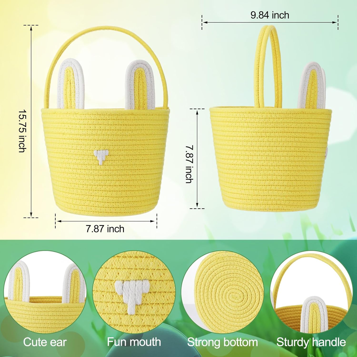 Suzile 4 Pcs Easter Basket with Bunny Ears for Kids Cotton Woven Easter Egg Hunting Rabbit Shape Basket for Children Kids Babies Party Gifts, 9.8 x 7.8 x 7.8