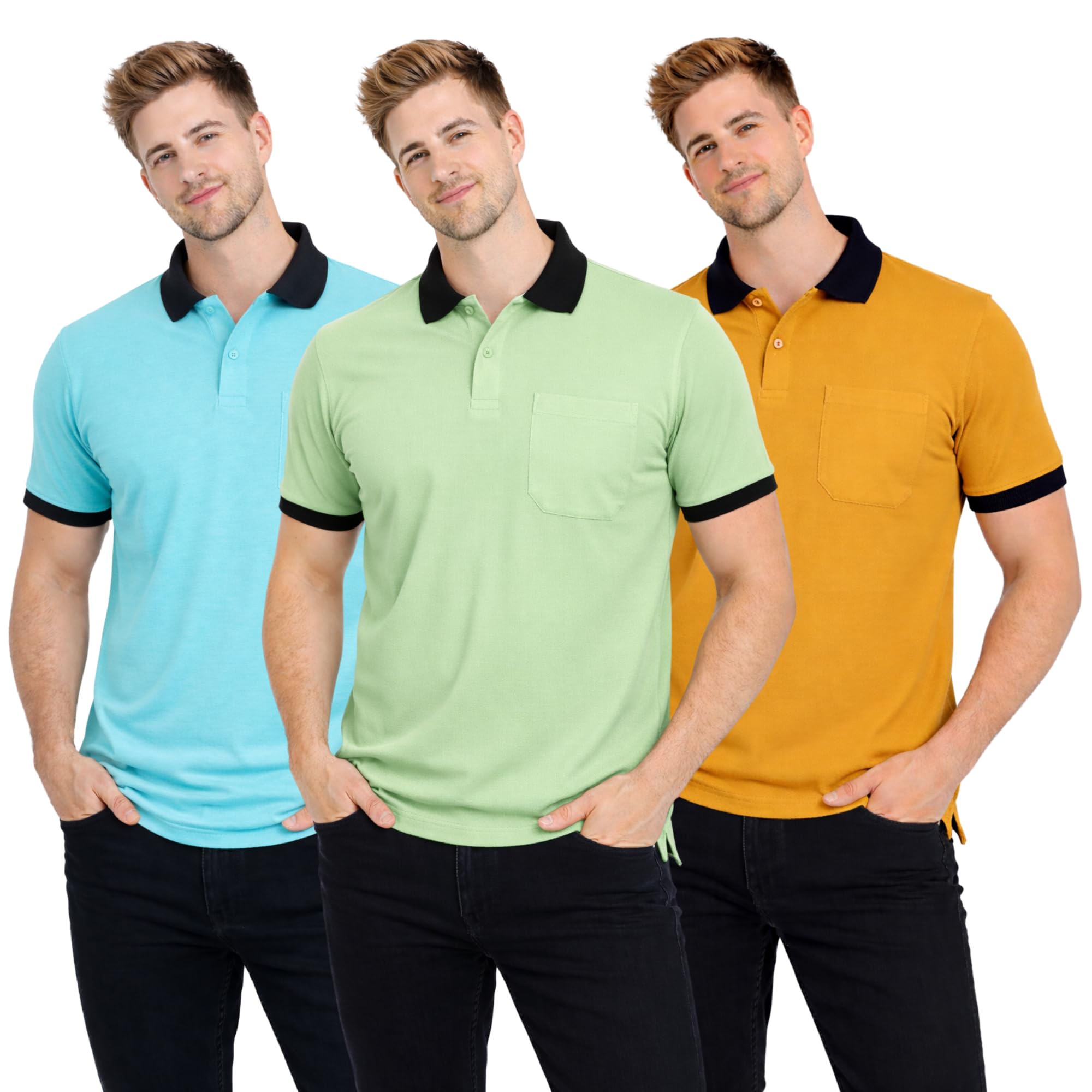 SMAN Polo Neck T-Shirt Combo Pack of 3 for Men & Boys | Half Sleeve Contrast Collar Tee with Pocket | Spun Matty Fabric Regular Fit | Casual, Office Wear | Sizes S to 2XL | FX_PO3_MCR_CNT_WHT_BLK_GRN-picture-15