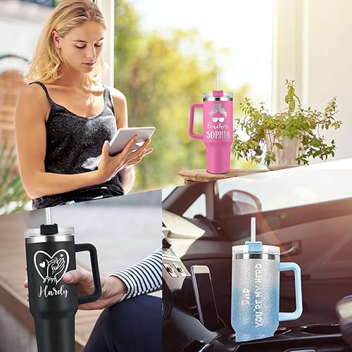Miniatura 5 de Vaso personalizado con asa de 40 onzas con texto personalizado con tapa con pajilla, vasos aislados de acero inoxidable personalizados, regalo para