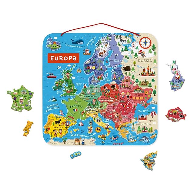 Janod - Puzle Mapa de Europa Magnético de Madera - 40 Piezas Imantadas - 45 X 45 Cm - Versión En Italiano