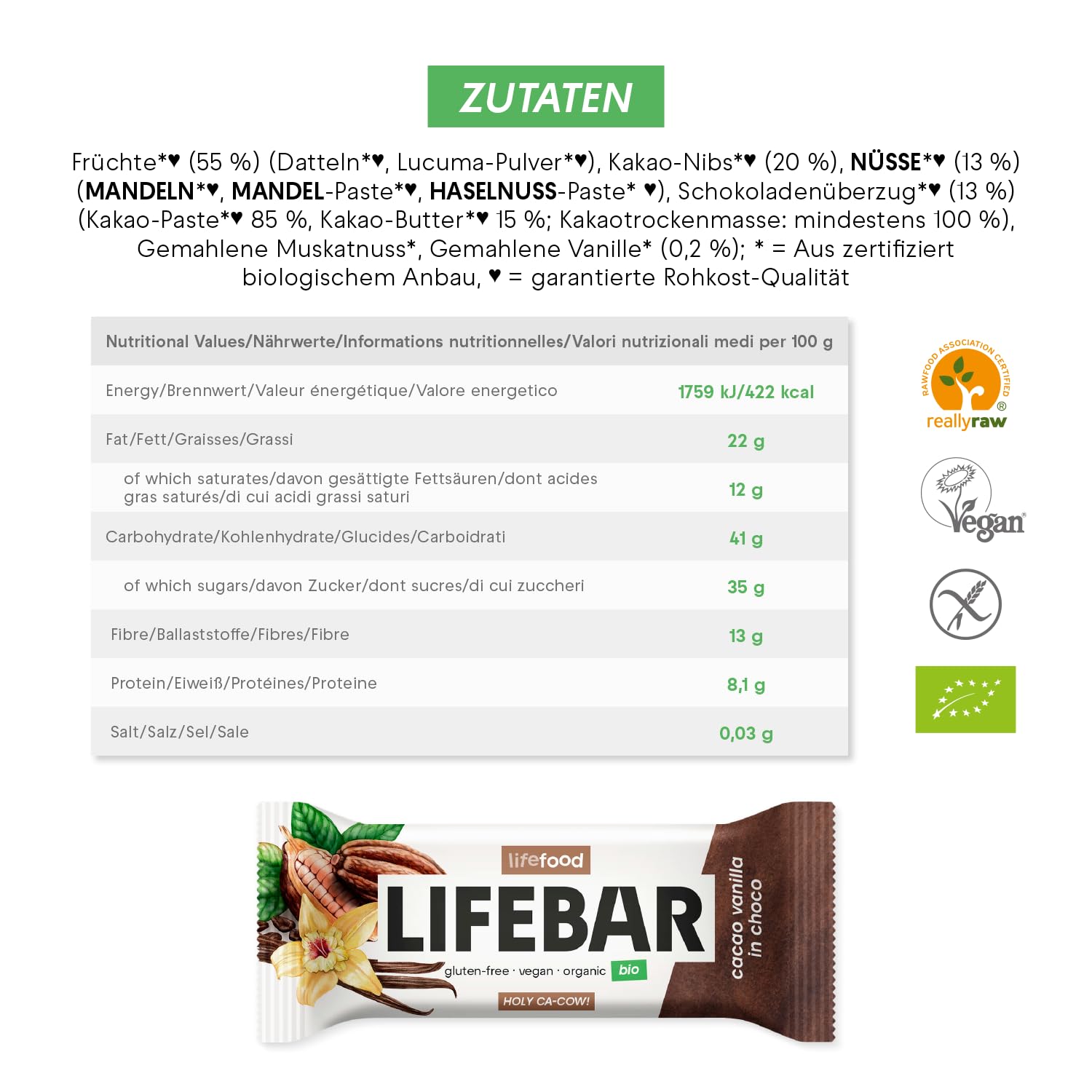 lifefood Lifebar InChoco Kakao Vanille ROH BIO, 15er Pack (15 x 40 g)