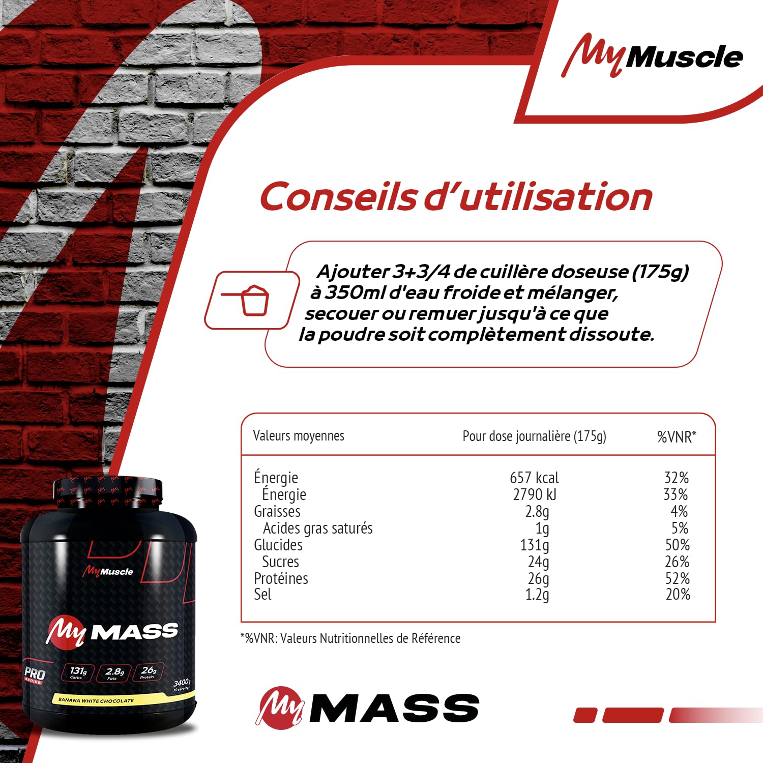 My Mass - Hard Gainer en Poudre - Prise de Masse Musculaire - Banana White Chocolate 3,4kg - 19 Portions