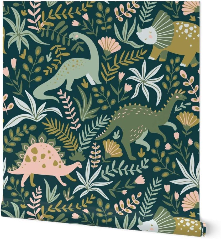 Peel & Stick Wallpaper 3ft x 2ft - Botanical Dinosaurs Green Pink Animals Jurassic Gender Neutral Unisex Whimsical Children Tropical Custom Removable Wallpaper by Spoonflower