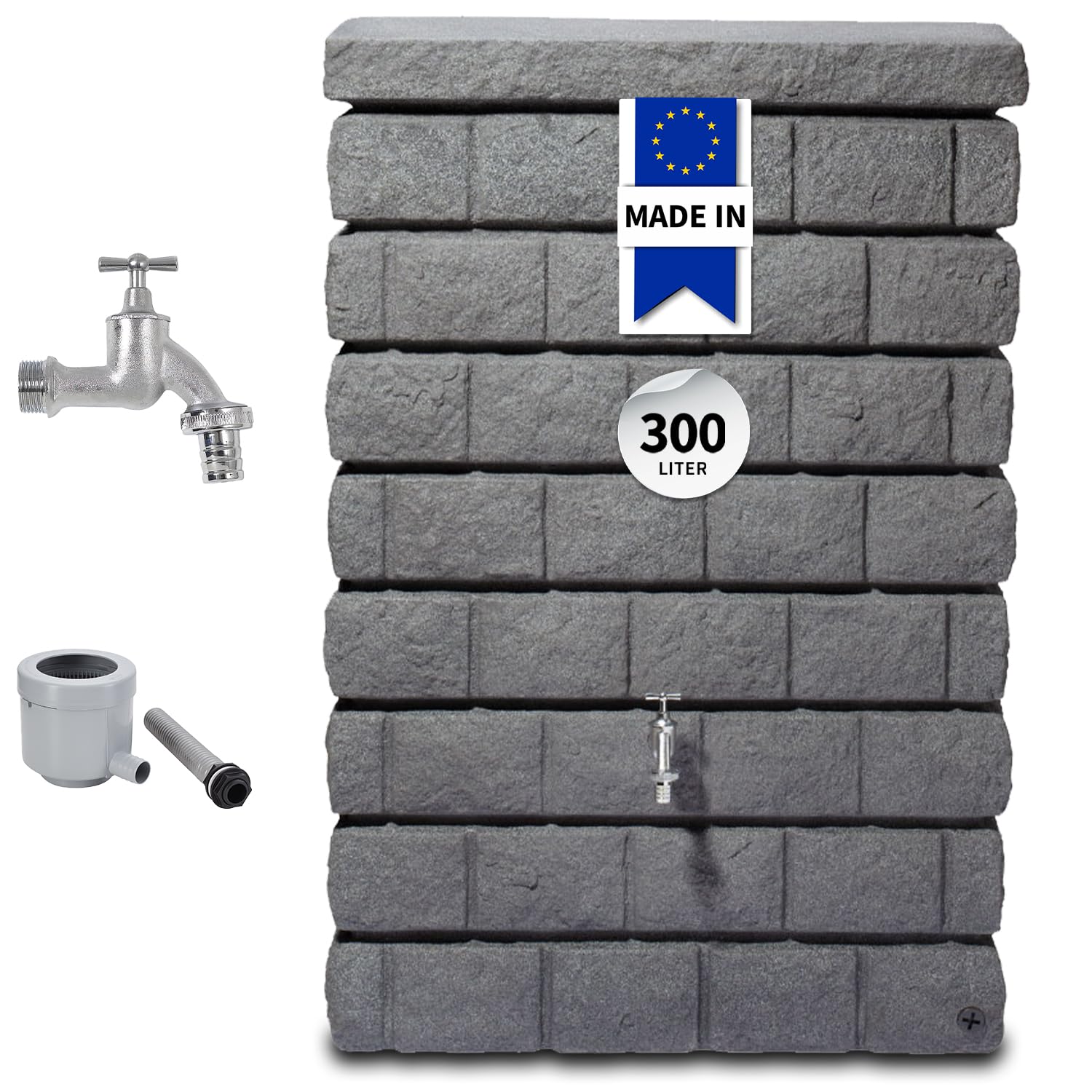 GARANTIA Rocky Junior Regentonne Wandtank Komplett-Set 300 Liter | Dark Granite inkl Chrom-Auslaufhahn und Fallrohranschluss Steinoptik für den Garten dekorativ an der Hauswand für Regenwasser