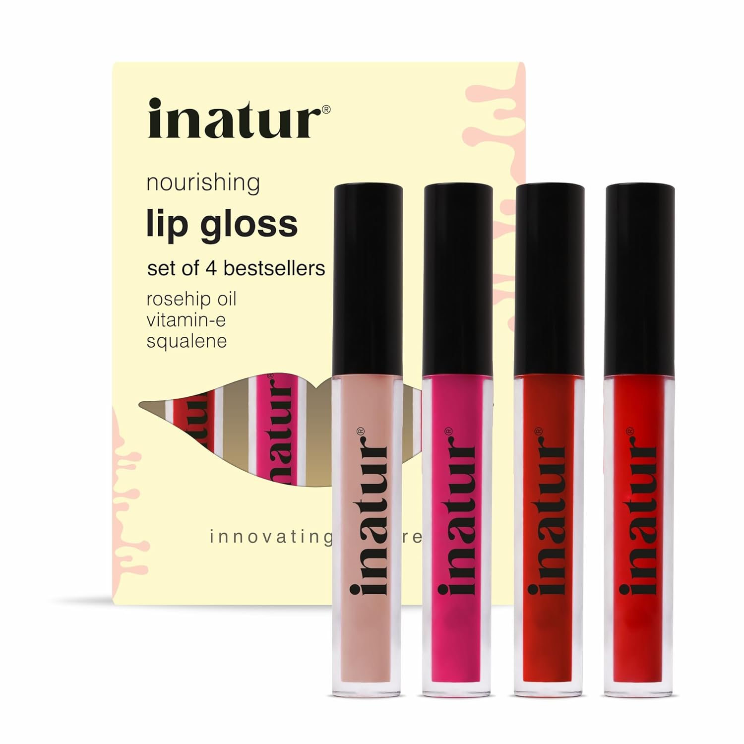 inatur Lip Gloss Gift Box – Set of 4, 2ml Each-Angelic, Cheeky Red, Glam Pink, Attitude- 100% Natural, Long lasting& Hydrating inatur Lip Gloss Gift Box – Set of 4, 2ml Each-Angelic, Cheeky Red, Glam Pink, Attitude- 100% Natural, Long lasting& Hydrating