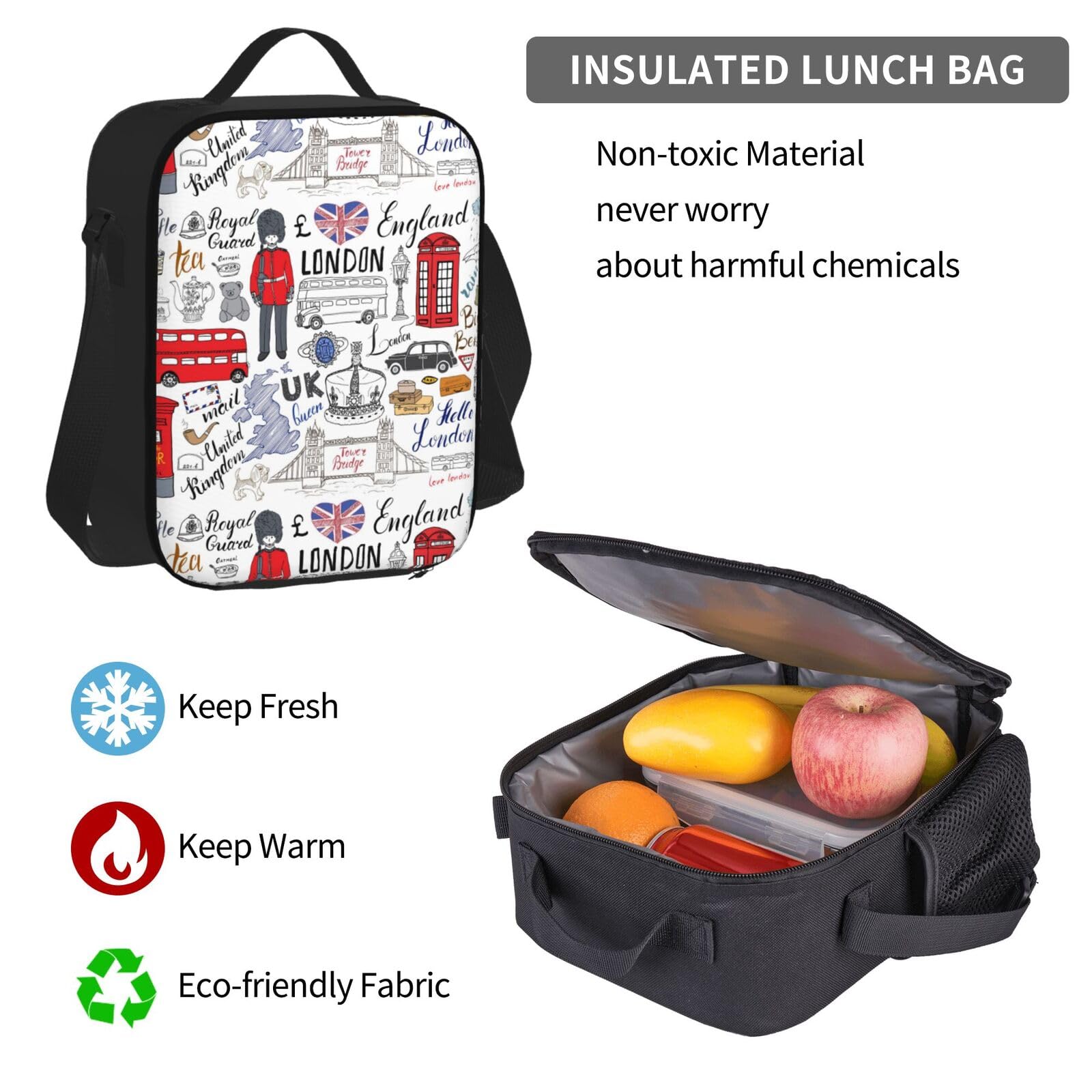 I Love London 3-in-1 Schultaschen-Set aus Segeltuch, Rucksack, Lunchtasche, Federmäppchen, Combo für Männer und Frauen