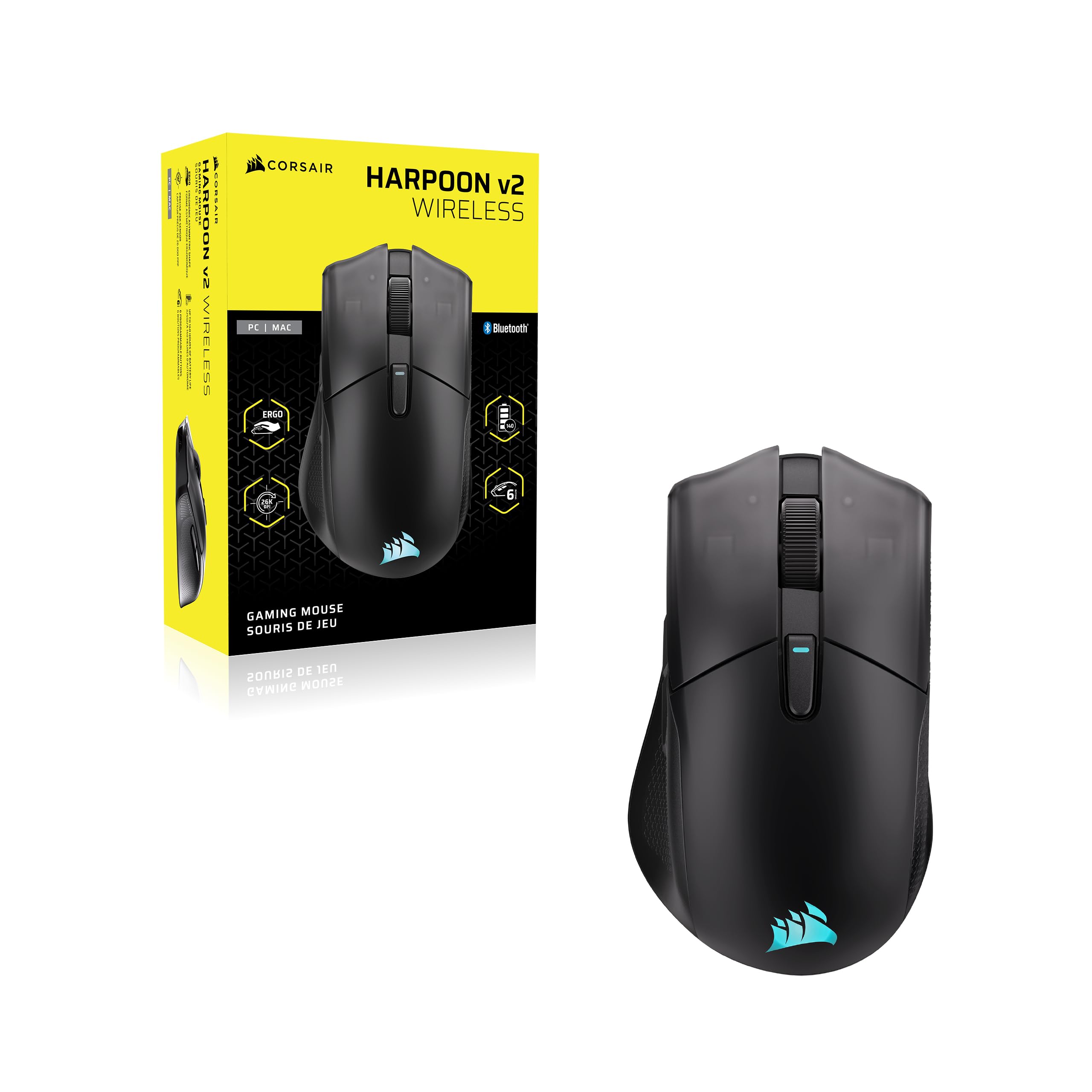 Corsair HARPOON v2 WIRELESS Mouse da Gioco – Nero | 26K DPI, Forma Asimmetrica, 6 Pulsanti Programmabili, Autonomia fino a 140 Ore