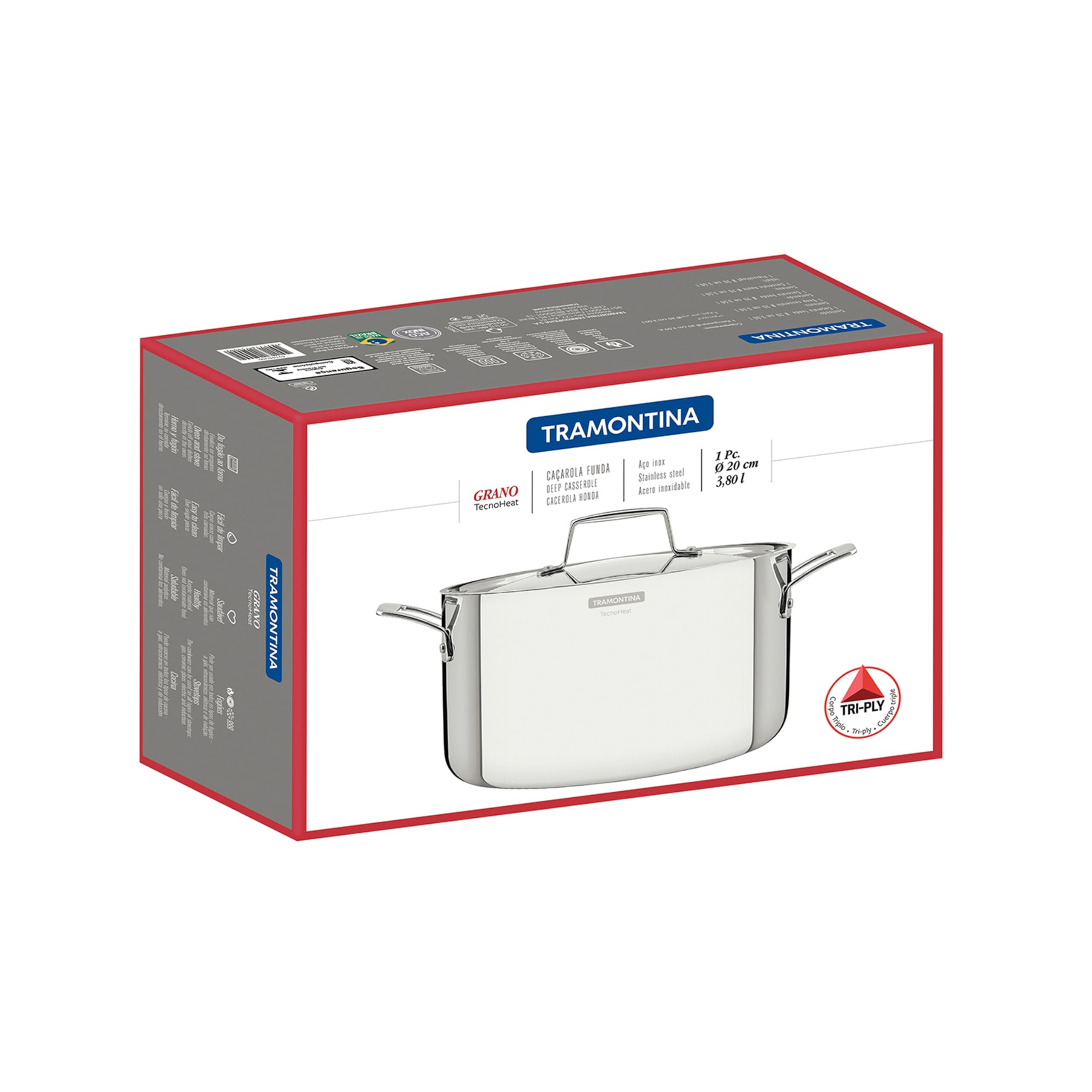 Tramontina Casseruola Alta Grano in Acciaio Inox Corpo Triplo con Coperchio e Manici 20 cm 3,8 L