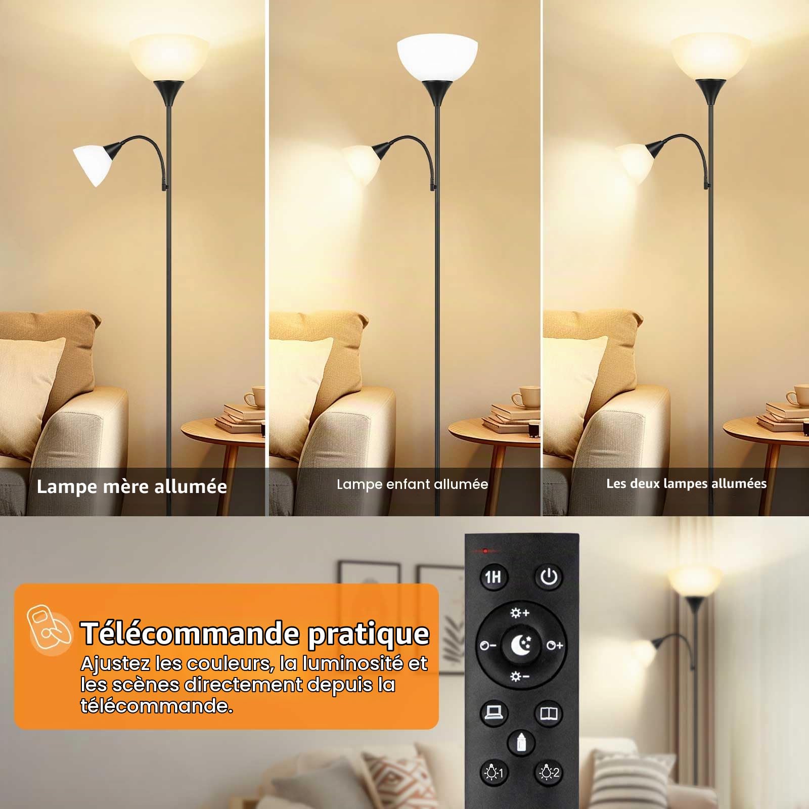OUTON Lampadaire LED avec télécommande, 4 températures de couleur, luminosité réglable, minuterie, moderne lampadaire torchère avec lampe de lecture pour le salon, la chambre à coucher, le bureau