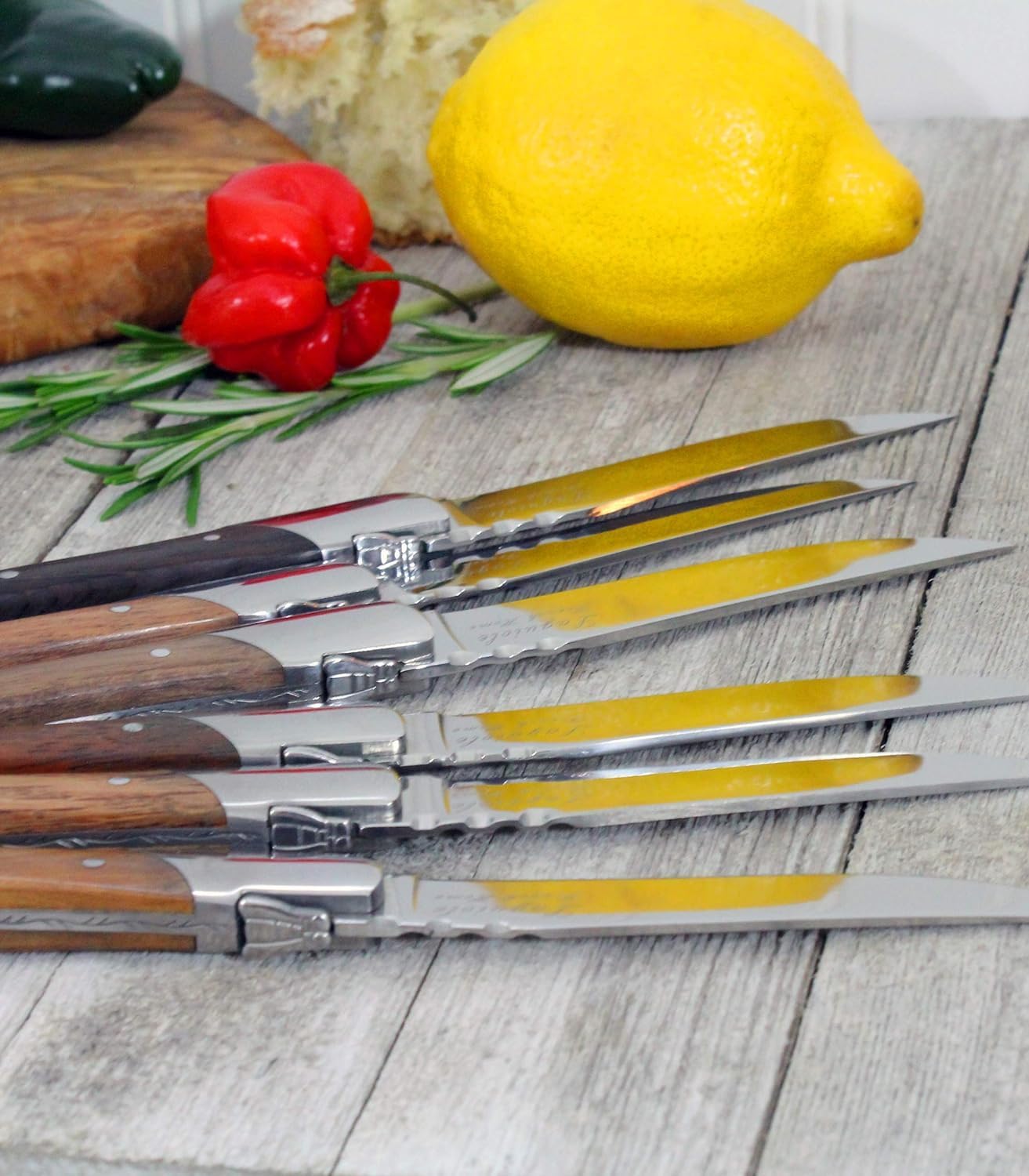 French Home Laguiole Connoisseur 6-Piece Steak Knives – Stainless Steel Dinner Knives with Assorted Wood Handles, Etched Detailing & Napoleon Bee Emblem Packed in an Elegant Box (8.75")