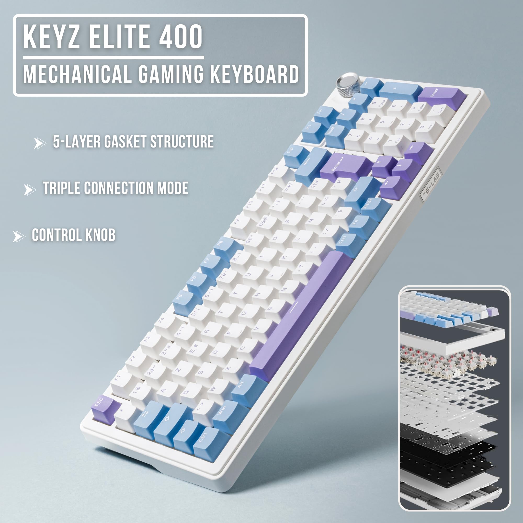 The G-Lab Keyz Elite 400 WB - Clavier Gamer sans Fil Mécanique Hot-Swap RGB | QWERTY US, Sans Fil Tri Mode 2.4GHz/Bluetooth/Filaire, Switch Mécanique Hot Swap Pré-lubrifiés, Gasket 5 Couches