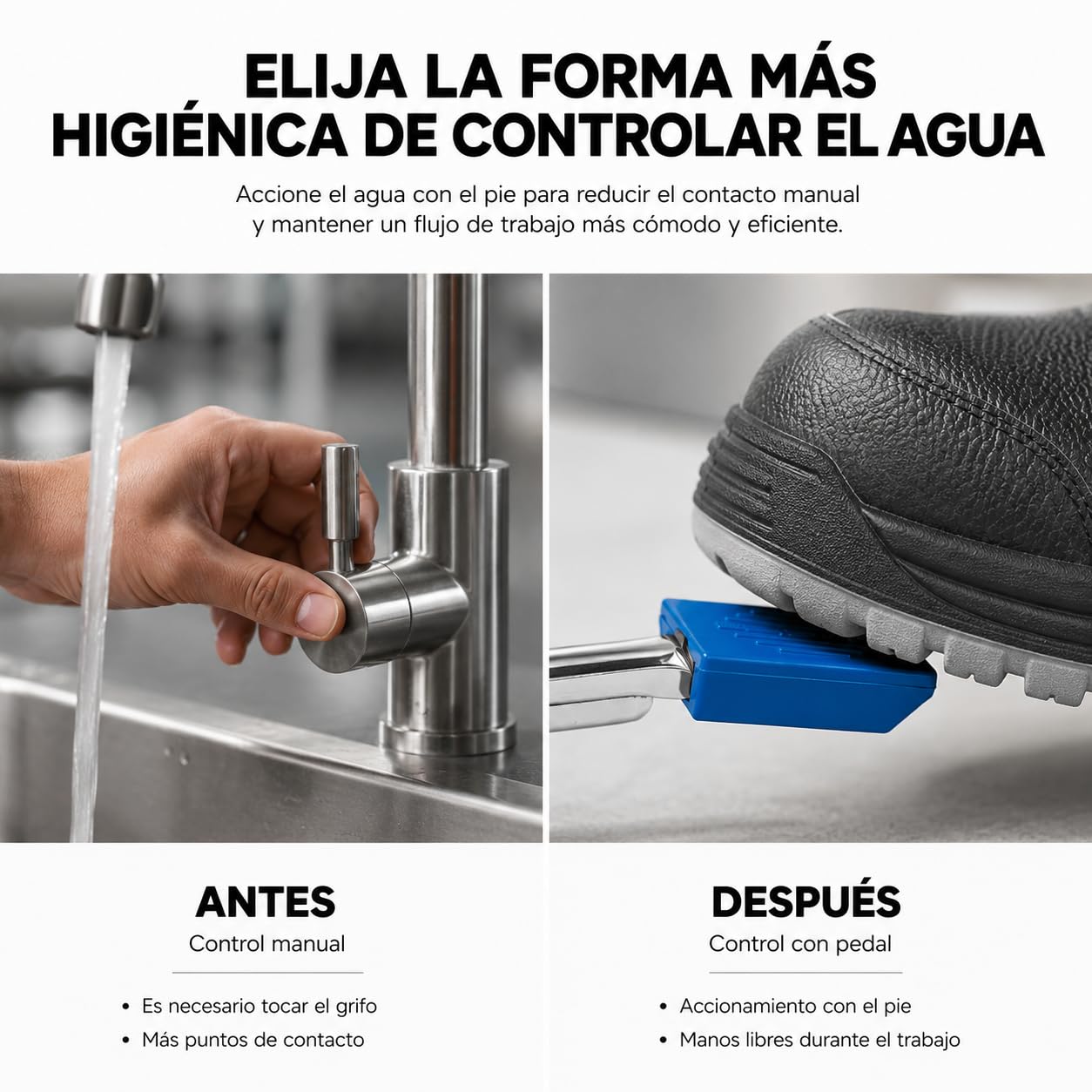 GENEBRE Grifo a Pedal para Cocina Industrial Profesional (Horizontal) | Válvula de 1 agua con accionamiento por pedal para trabajar con mayor higiene y mantener las manos libres.