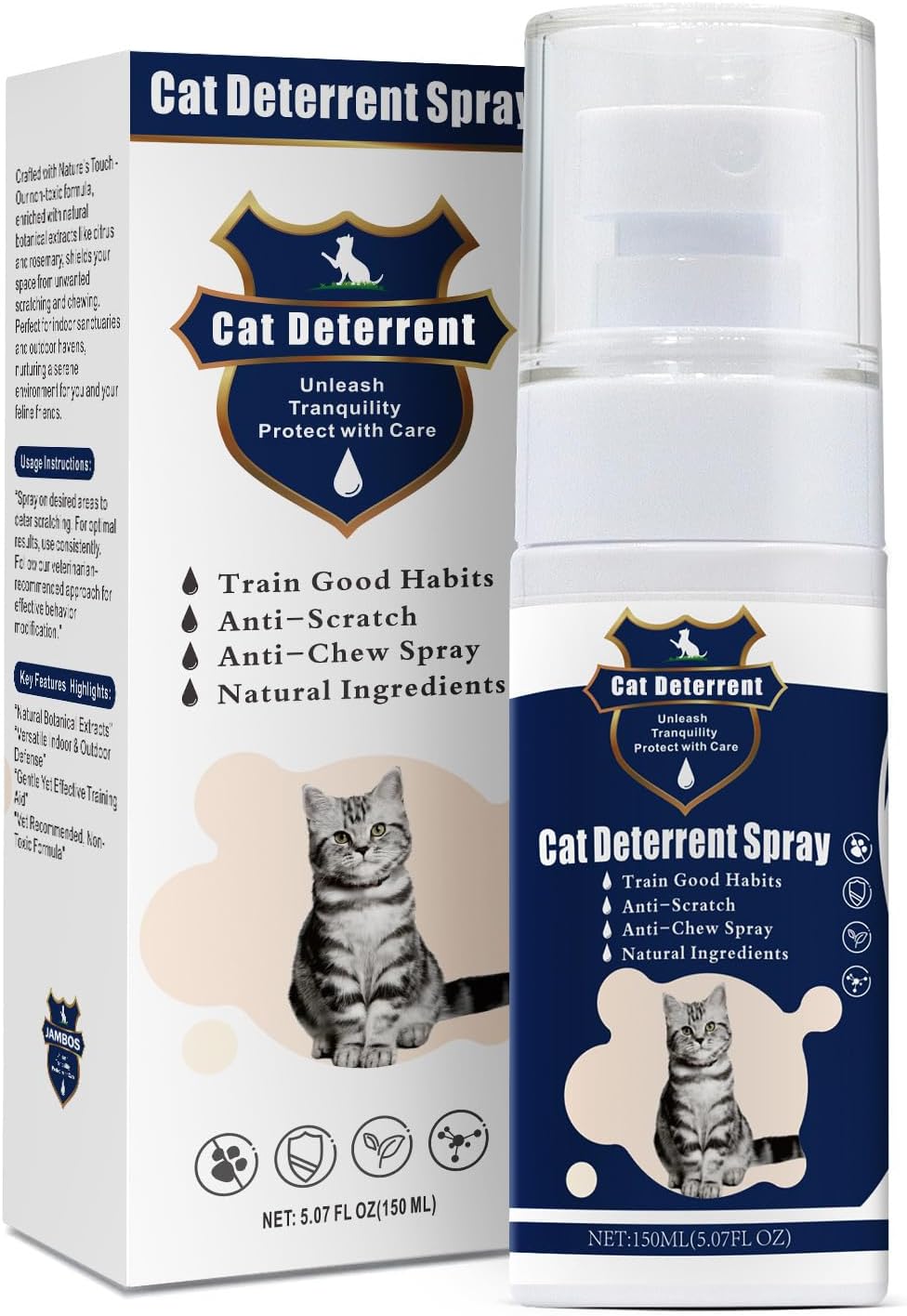 Cat Deterrent Spray - Safe Indoor & Outdoor Deterrent for Furniture Protection, Effective Training Aid with Natural Ingredients - Non-Toxic Anti-Scratch Formula (Blue, M) M Blue