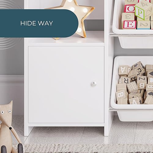 Miniatura 7 de Organizador de almacenamiento de juguetes con estante de juguetes para niños y 8 contenedores de juguetes blancos, solución perfecta para