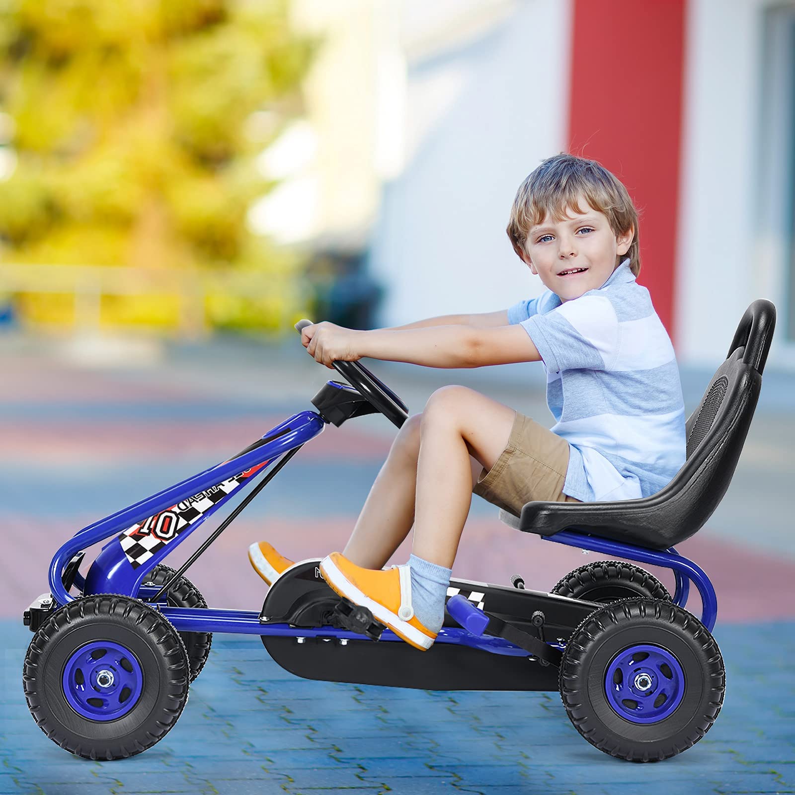 GYMAX Go Kart per Bambini 3-6 Anni, Macchina Cavalcabile con Pedali e Sedile Regolabile, Go Kart Giocattolo Facile da Controllare, 50x92x53 cm (Blu)
