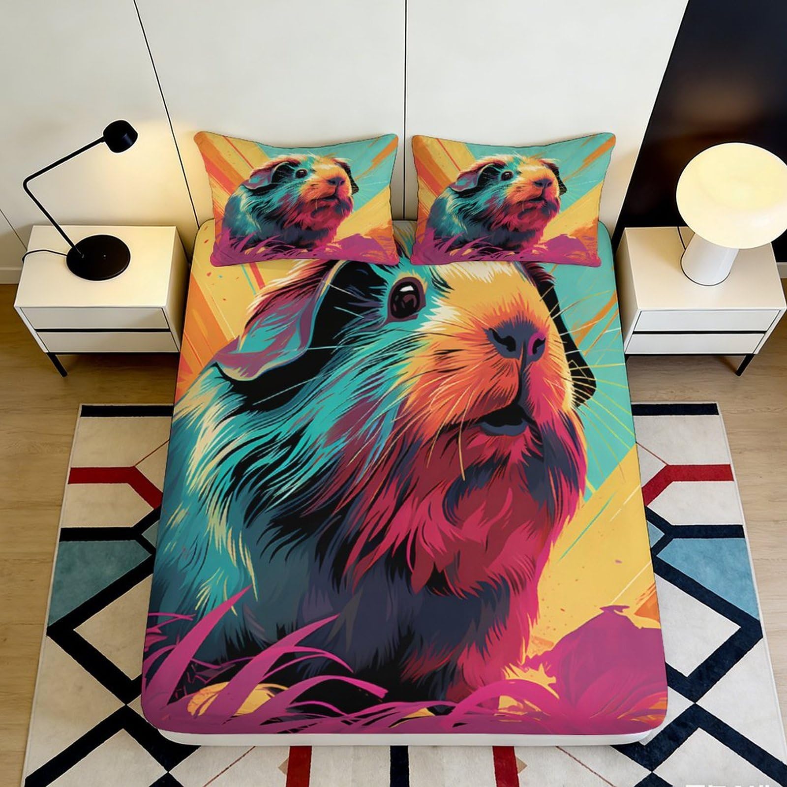 3D Printed Colourful Guinea Pig Fitted Sheet Microfiber Deep Pocket Non-Slip Bedroom Bedding Colourful Guinea Pig Mattress Fitted Cover Washable 200x200x25cm