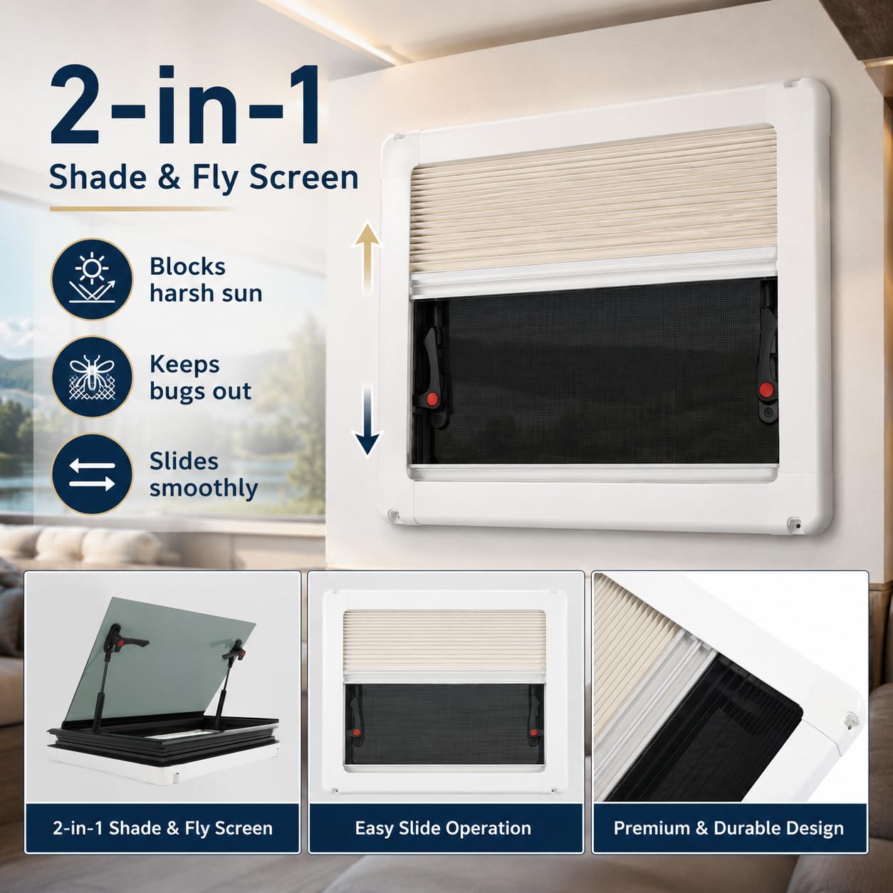 Wohnmobilfenster Ausstellfenster 50x35 cm, Wohnwagen Fenster mit Fliegengitter und Sonnenschutz, 85° Camper Fenster Seitenfenster aus gehärtetem Glas, Caravan Ersatzfenster für Wohnmobil Van Kastenwag