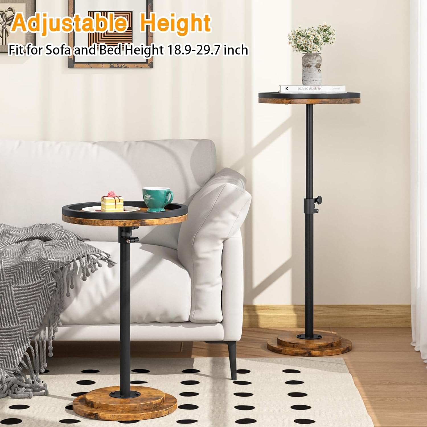 Small Side Table Set of 2, Drink Table, Height Adjustable Round End Table, Pedestal Side Table for Small Spaces in Living Room, Bedroom, Brown