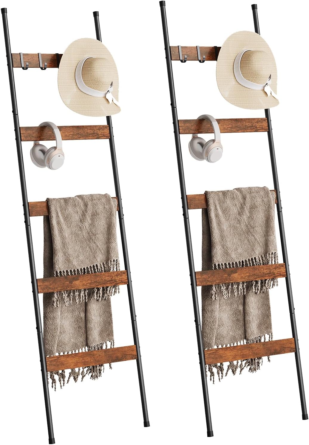 ELYKEN 2 Pack Blanket Ladder for Living Room, Farmhouse 5-Tier Quilt Holder with 4 Removable Hooks for Bathroom, Wood Towel Rack Display, Wall Anchor Leaning Decorative Stand for Home, Rustic Brown