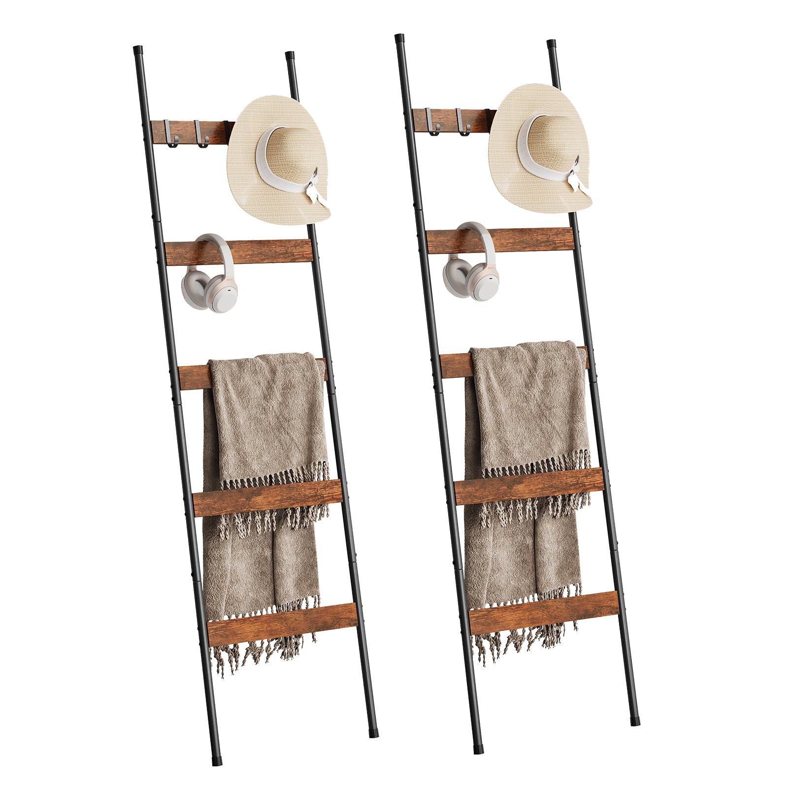 ELYKEN 2 Pack Blanket Ladder for Living Room, Farmhouse 5-Tier Quilt Holder with 4 Removable Hooks for Bathroom, Wood Towel Rack Display, Wall Anchor Leaning Decorative Stand for Home, Rustic Brown