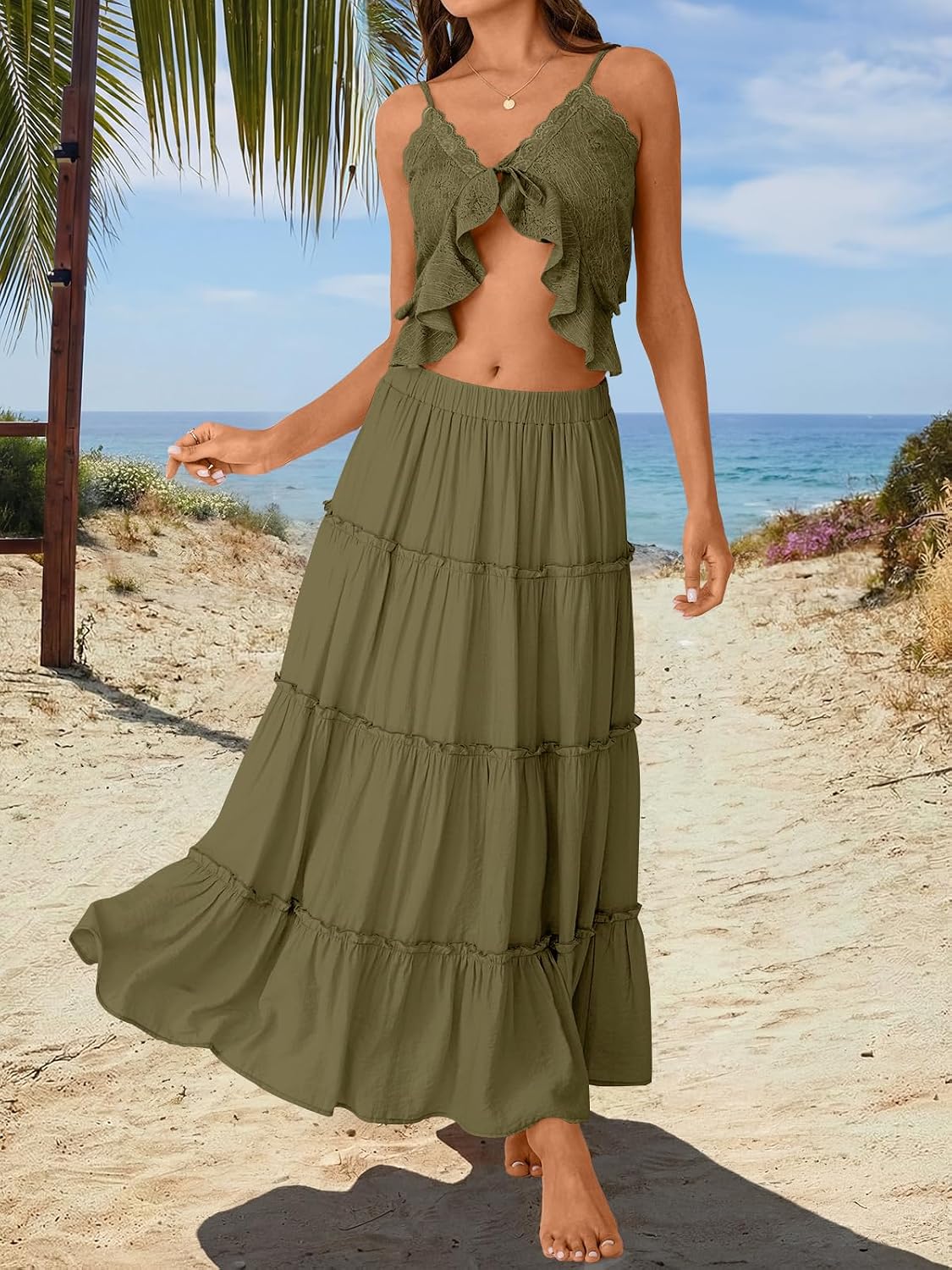 Trendy Queen Vacation Outfits Long Skirts for Women Boho Maxi Skirt Elastic High Waist Dress with Pockets Fashion thumbnail
