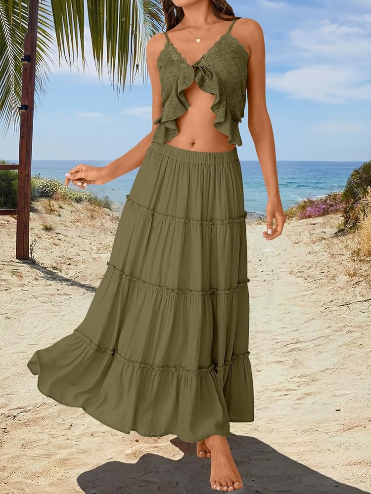 Amazon.com: Trendy Queen Green Skirt Summer Outifts Boho Maxi Skirts Swing  Tiered A-Line Elastic High Waist Dress with Pockets Fashion ArmyGreen XS :  Clothing, Shoes & Jewelry