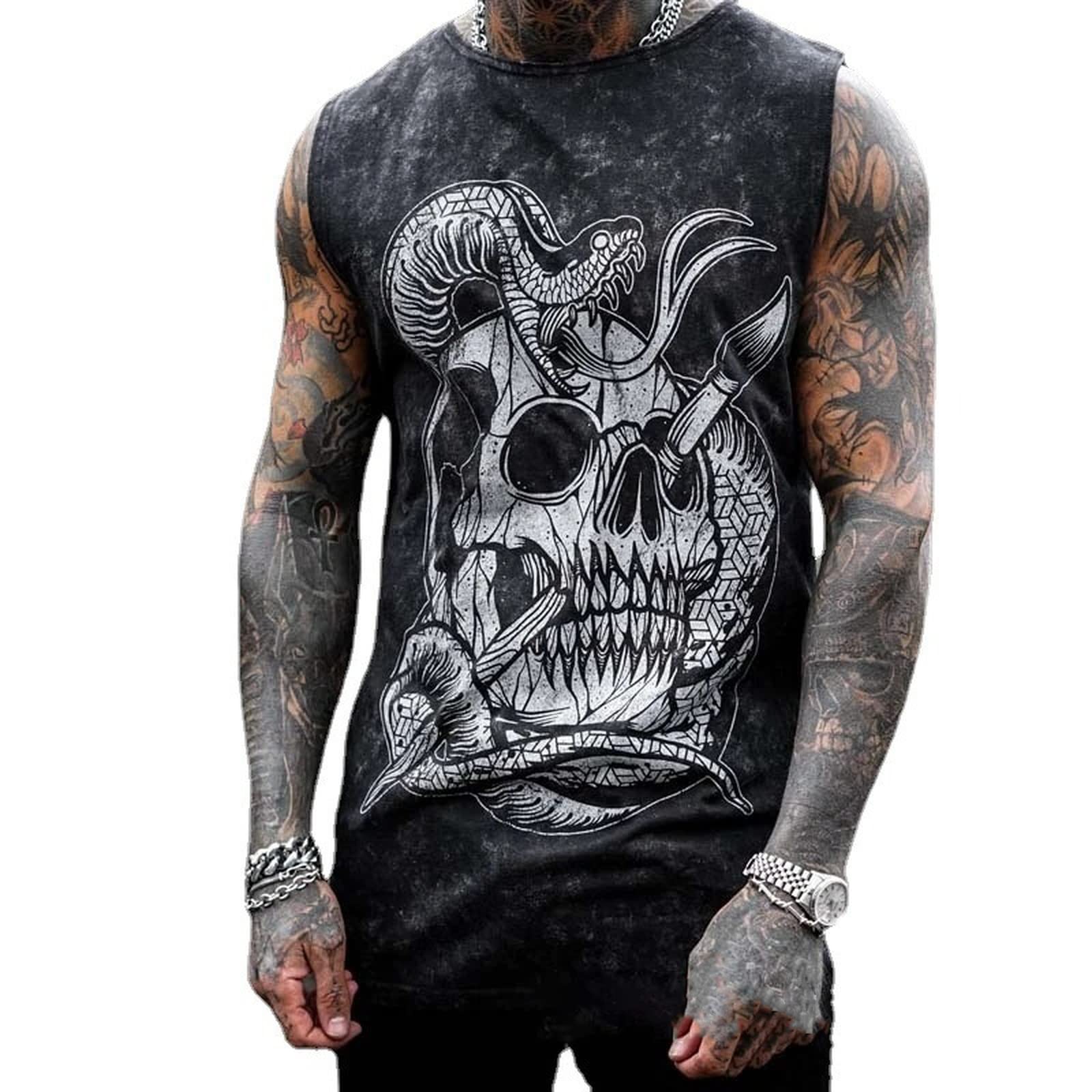 NINESTAR Men's Skull Graphic 3D Print Sleeveless Crewneck Shirt Quick Dry Sports Tank Tops