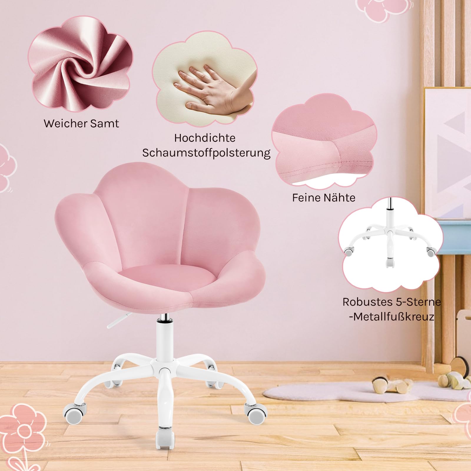 WOLTU Kinder Schreibtischstuhl, Schminktisch Stuhl, Bürostuhl, ergonomisch, höhenverstellbar, Samt, für Kinderzimmer, Homeoffice, Hellrosa