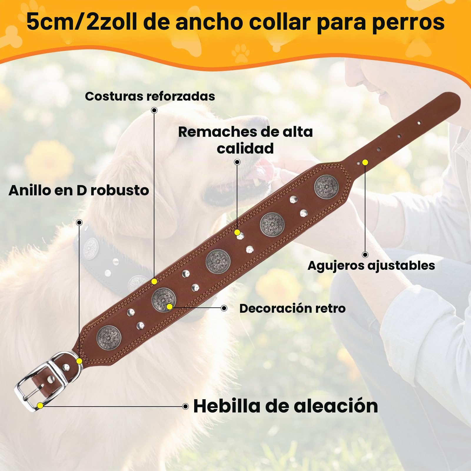 Collar de Cuero para Perros, Collar de Cuero Ancho para Perros de 5cm, Collares de Ajustables con Hebilla metálica, Collar Ancho para Perros de Razas Grandes y Medianas (Talla XL)