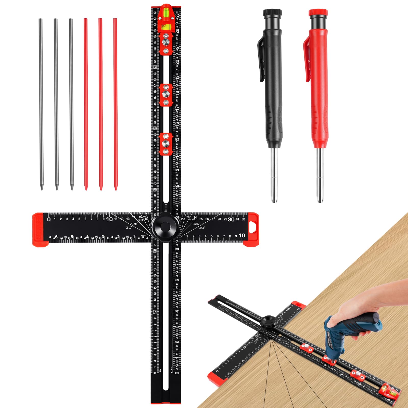 Flintronic 4-in-1 Drilling Positioning Ruler, 60CM Scale Marking Gauge Tools, T Square Woodworking Ruler, Precise Drilling Tool for Woodworking Scribe Drawing, Cabinet Hardware Jig（Black）