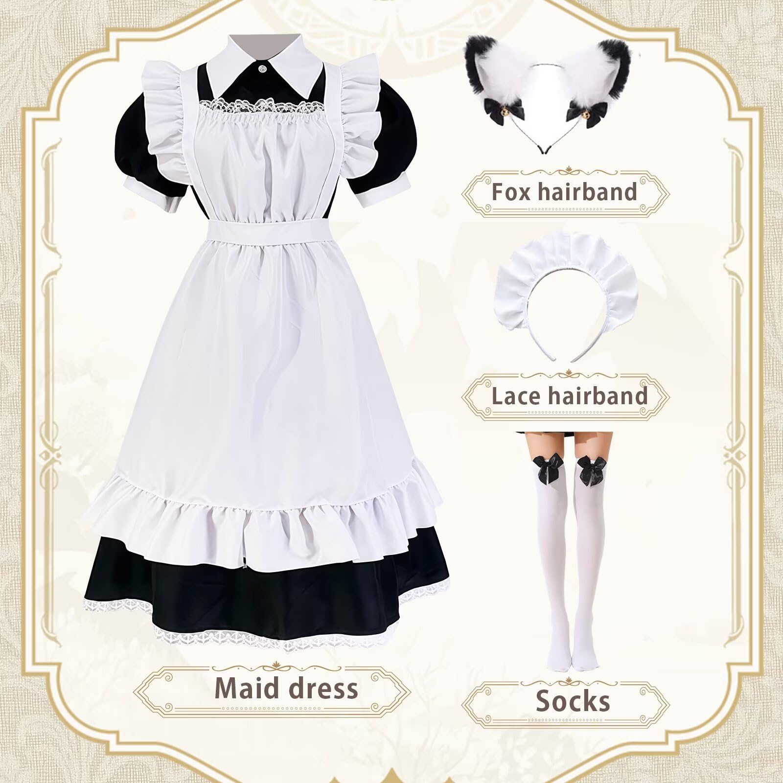 Maid Dress Cospaly Long Sleeve French Maid Costume Anime French Maid Dress Lungo Cameriera Costume con Grembiuli Copricapo per Halloween Carnevale Cosplay