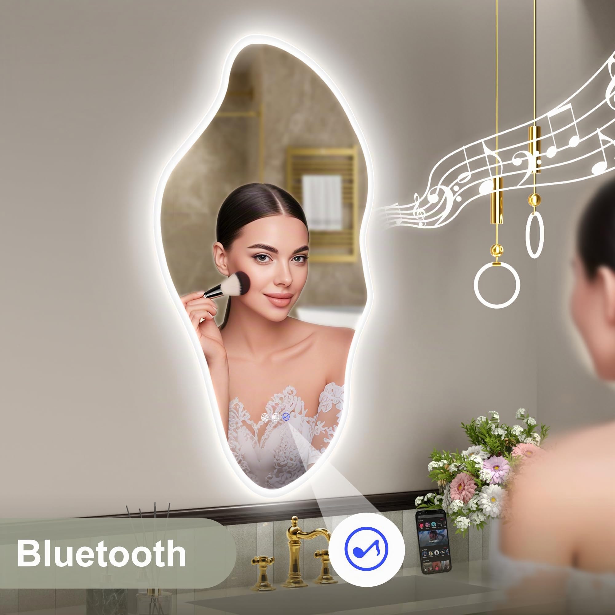 STARLEAD Asymétrique Miroir-Salle-de-Bain-avec-Eclairage 90x50cm, Irrégulier Miroir-LED avec Bluetooth, 3 Couleurs de Lumière Réglables, Anti-buée, Mémoire, IP44, Verre Trempé, Horizontal/Vertical