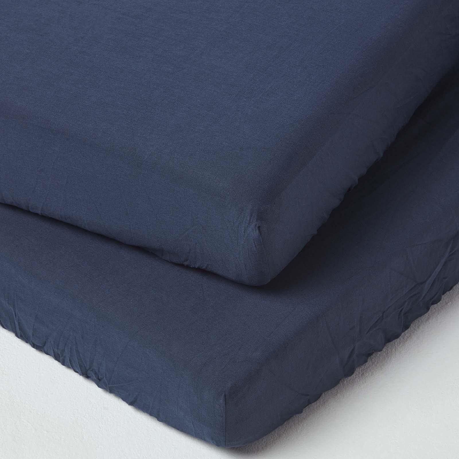 HOMESCAPES Soft Linen Navy Cot Fitted Sheets 120 x 60 cm 2 Pack Textured Natural French Flax Fibre Linen & Pure 100% Cotton Cot Sheets with Fully Elasticated Skirt Hypoallergenic Easy Care