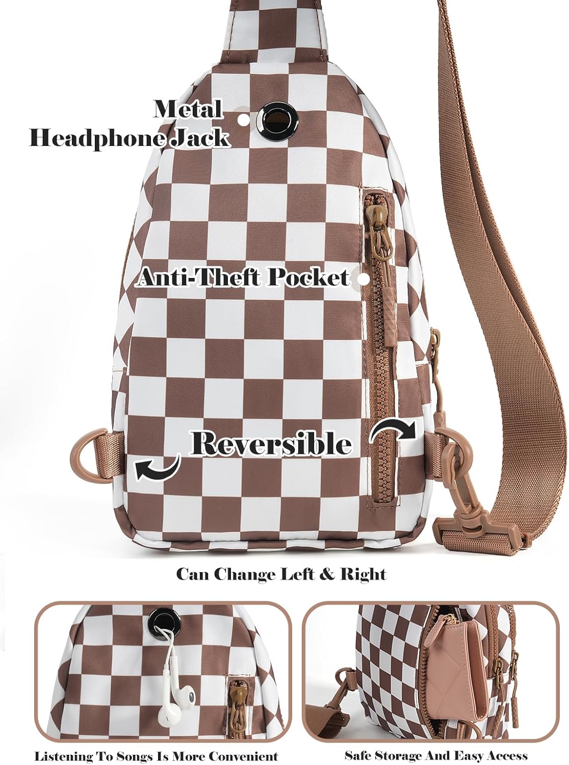 Checkered Sling Bag for Women Small Backpack Crossbody Chest Bag Fanny Packs Purses - Image 5